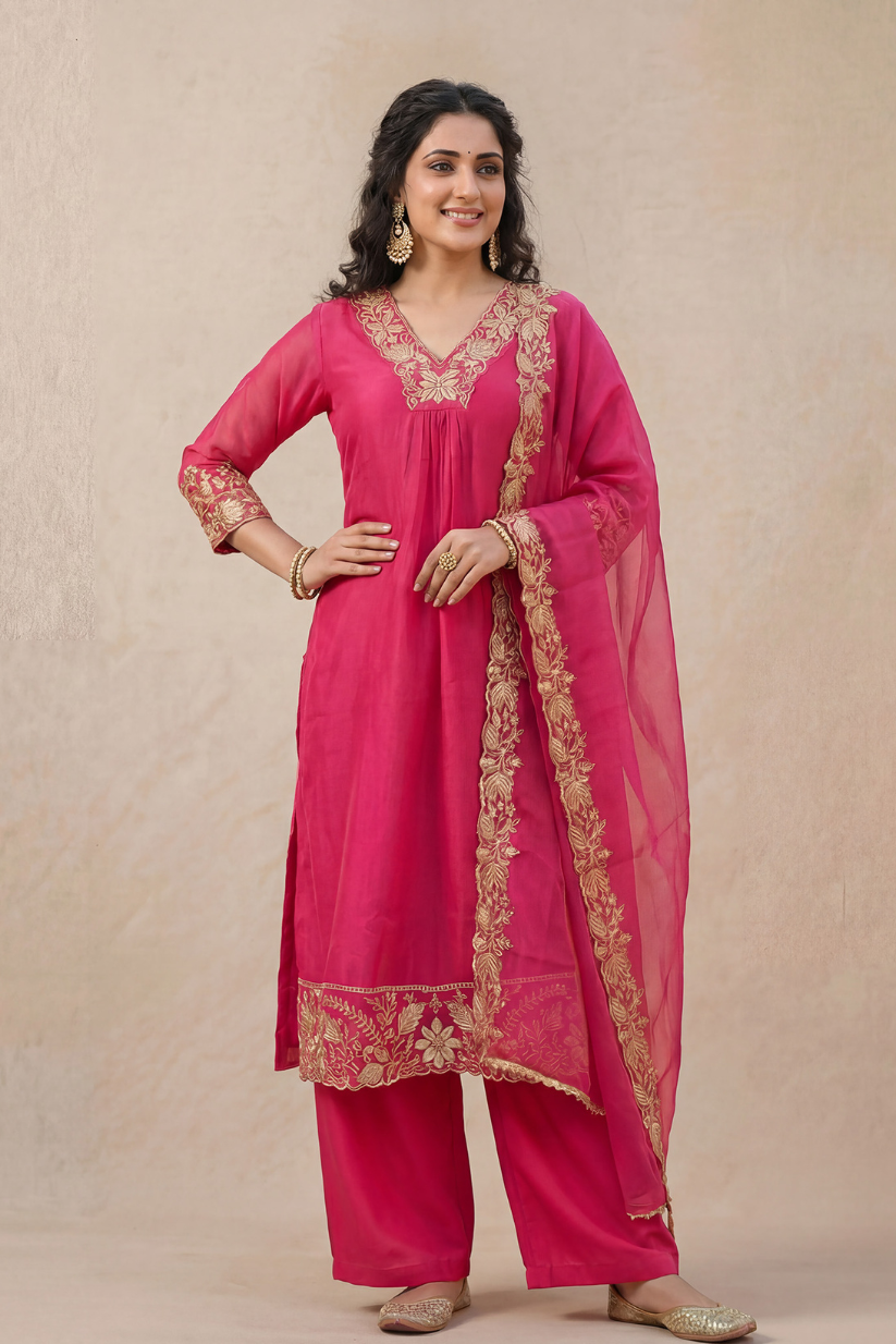 Full festive look of pink embroidered kurta set with matching dupatta for women