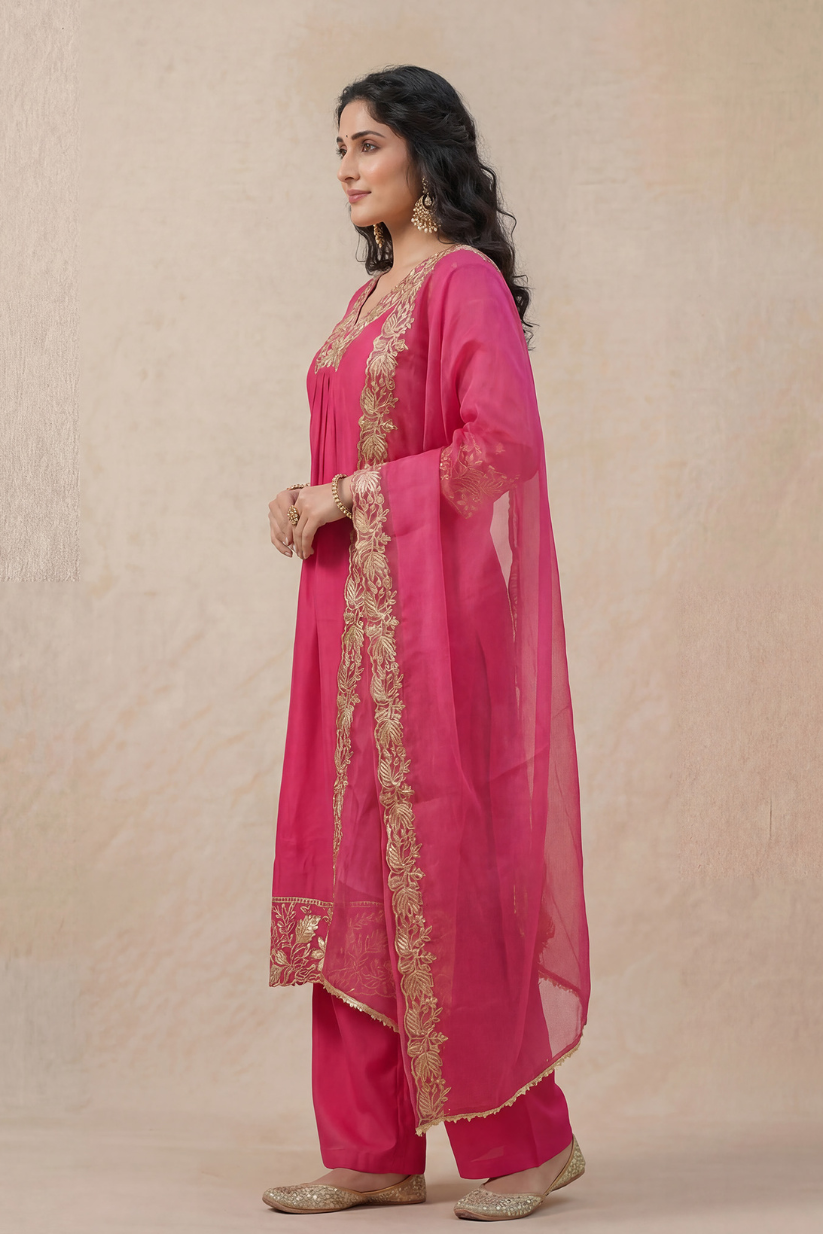 Side view of pink embroidered kurta set with dupatta for women in festive ethnic style