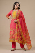 Pink Floral Printed Polyester Straight Kurta Set with Dupatta - The House of Indu