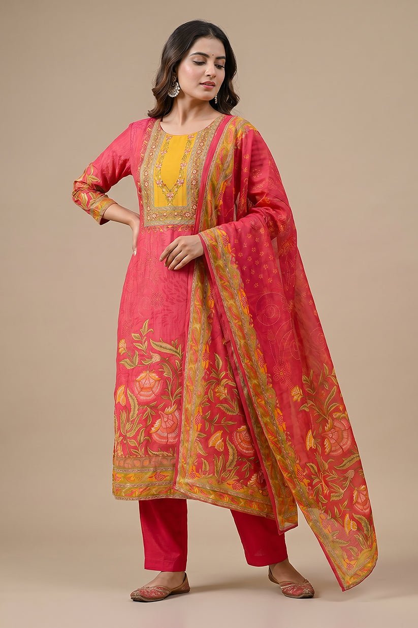 Pink Floral Printed Polyester Straight Kurta Set with Dupatta - The House of Indu