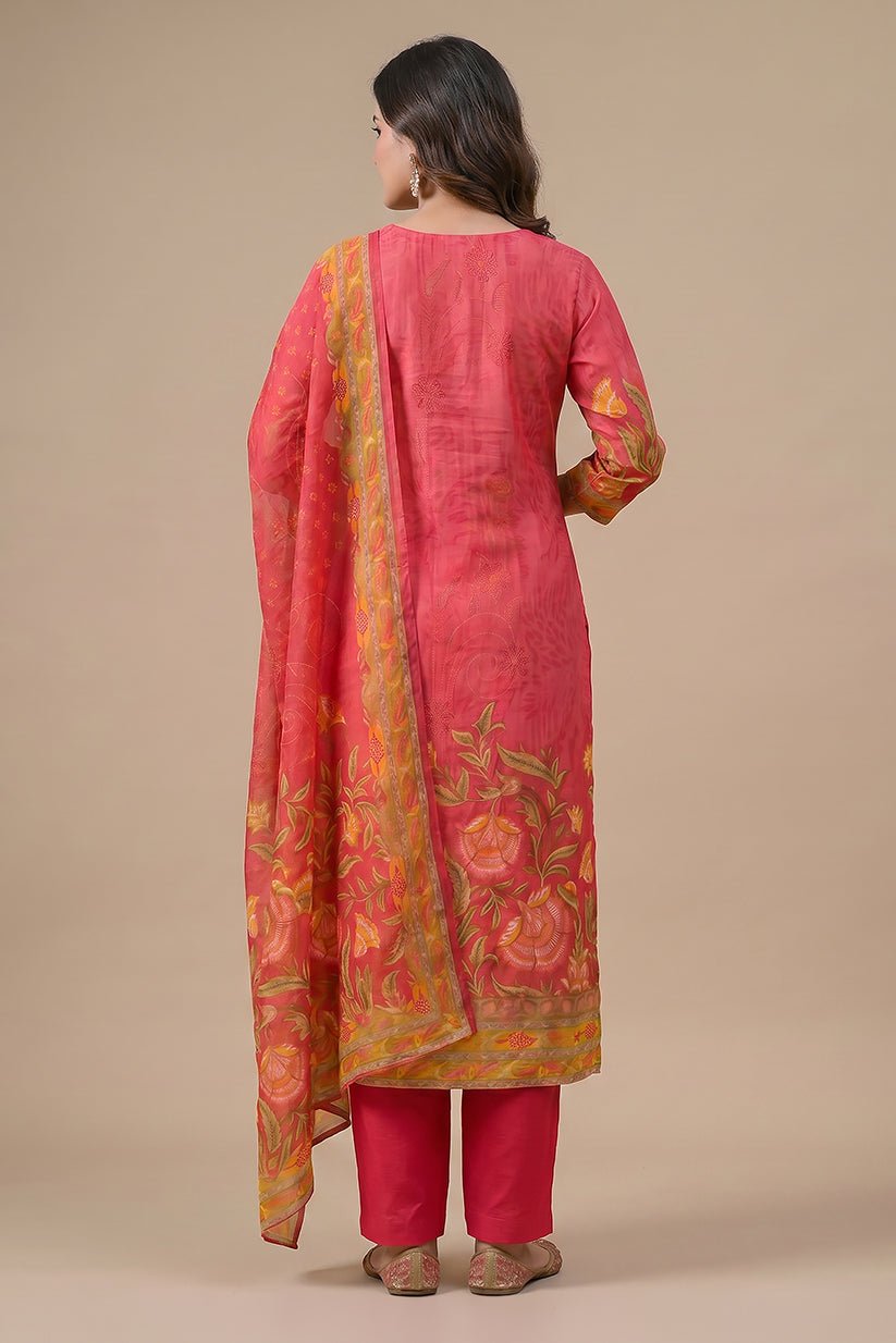 Pink Floral Printed Polyester Straight Kurta Set with Dupatta - The House of Indu