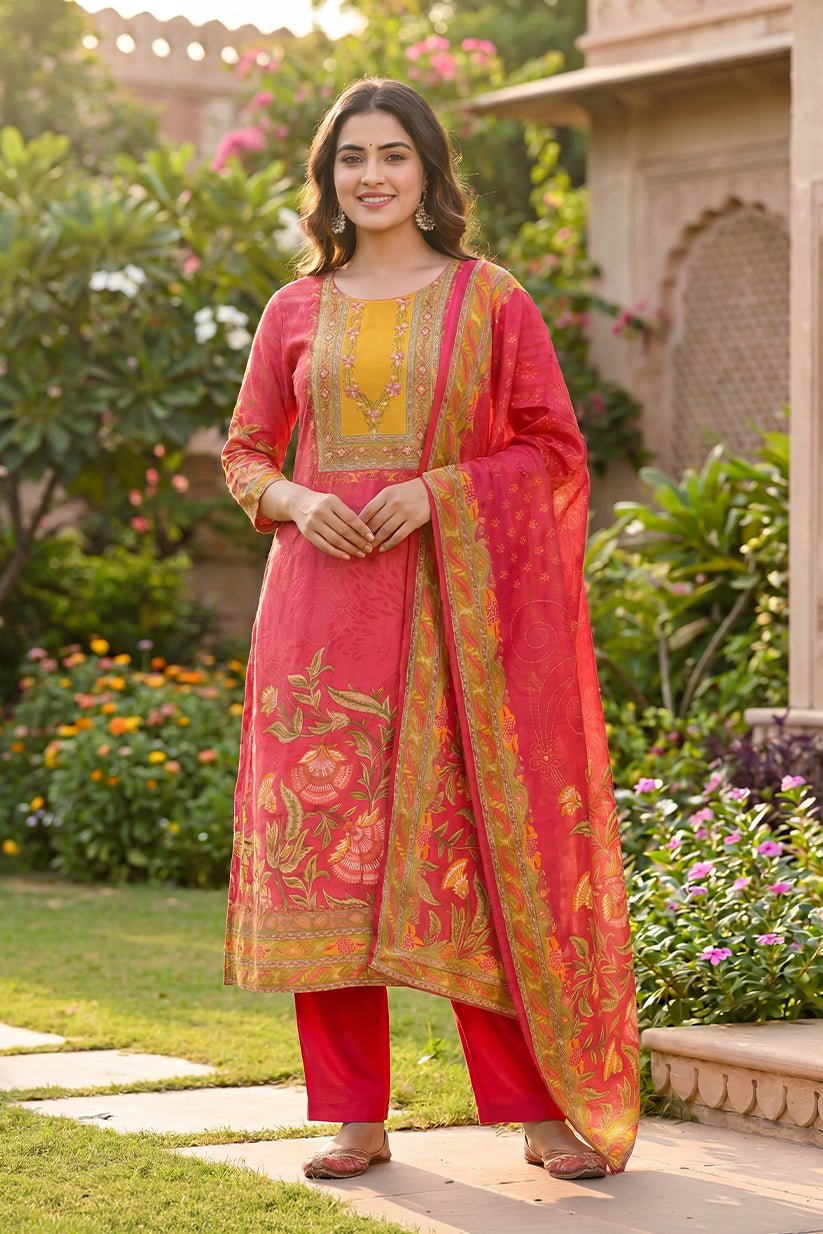 Pink Floral Printed Polyester Straight Kurta Set with Dupatta - The House of Indu
