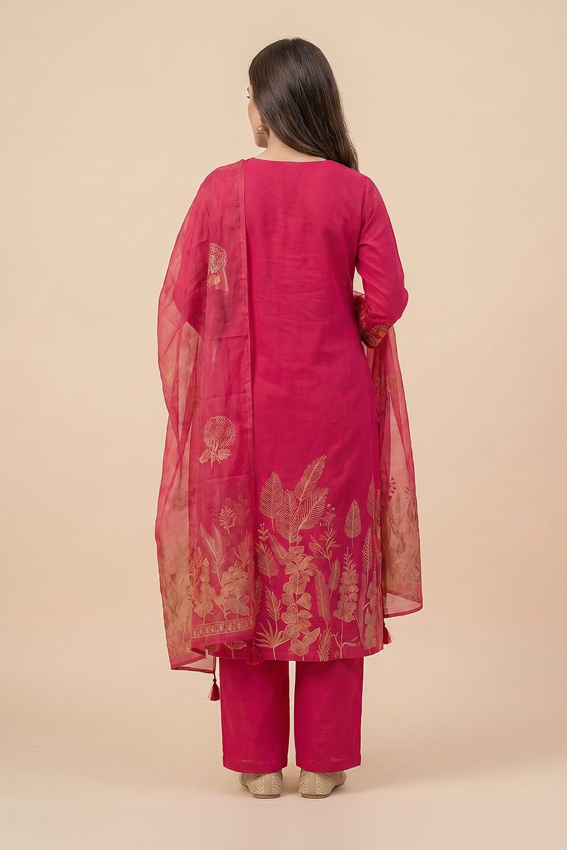 Pink Floral Printed Straight Cotton Kurta Pant Dupatta Set for Women - The House of Indu