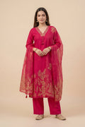Pink Floral Printed Straight Cotton Kurta Pant Dupatta Set for Women - The House of Indu