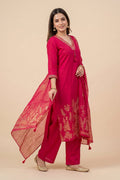 Pink Floral Printed Straight Cotton Kurta Pant Dupatta Set for Women - The House of Indu
