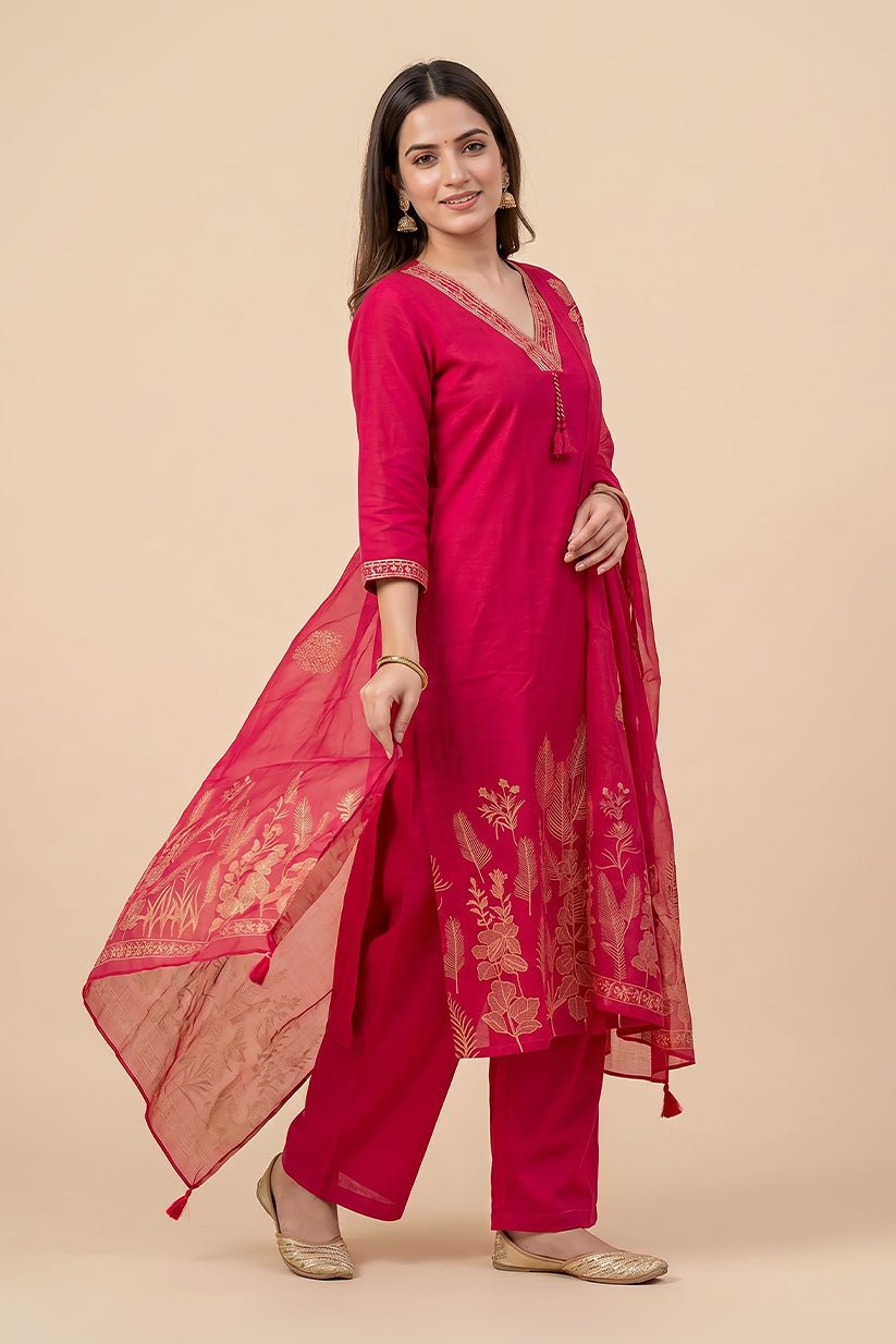 Pink Floral Printed Straight Cotton Kurta Pant Dupatta Set for Women - The House of Indu