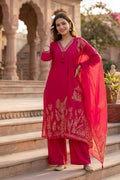 Pink Floral Printed Straight Cotton Kurta Pant Dupatta Set for Women - The House of Indu