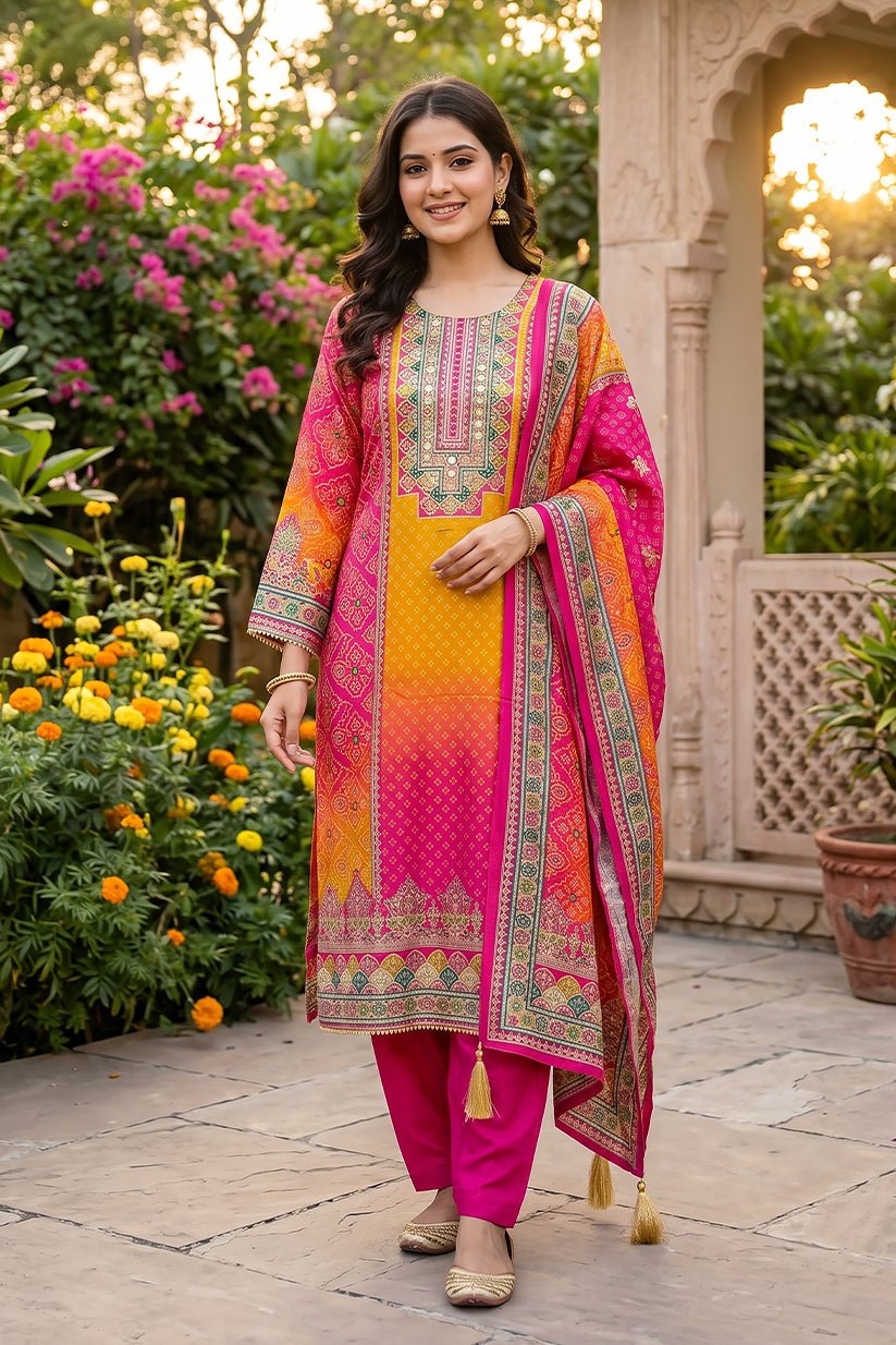 Pink Multicolor Polyester Straight Kurta Set with Dupatta for Women - The House of Indu