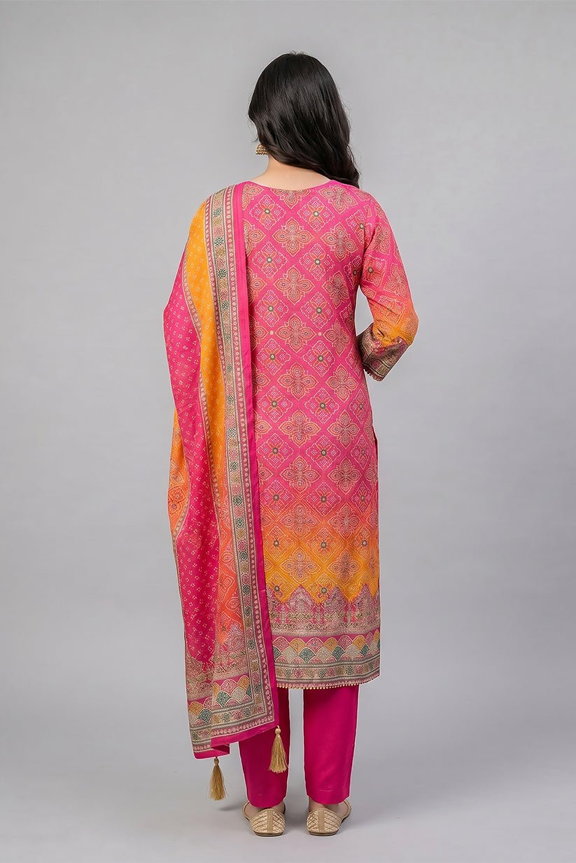 Pink Multicolor Polyester Straight Kurta Set with Dupatta for Women - The House of Indu