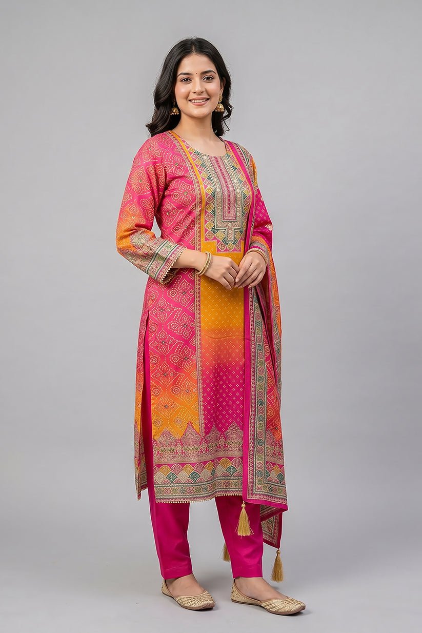 Pink Multicolor Polyester Straight Kurta Set with Dupatta for Women - The House of Indu