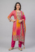 Pink Multicolor Polyester Straight Kurta Set with Dupatta for Women - The House of Indu