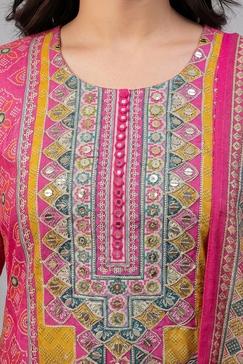 Pink Multicolor Polyester Straight Kurta Set with Dupatta for Women - The House of Indu