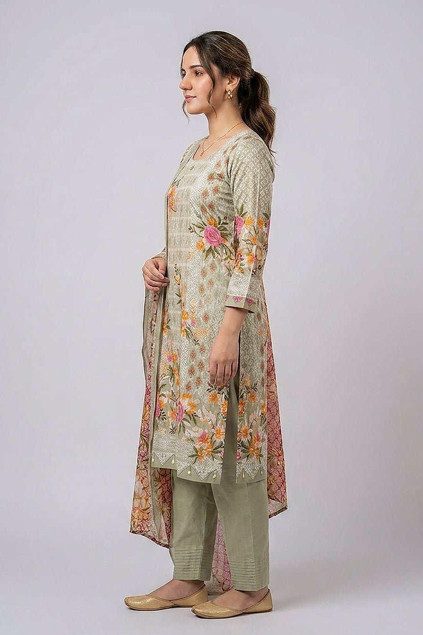 Pista Green Floral Printed Cotton Suit Set for Women - The House of Indu