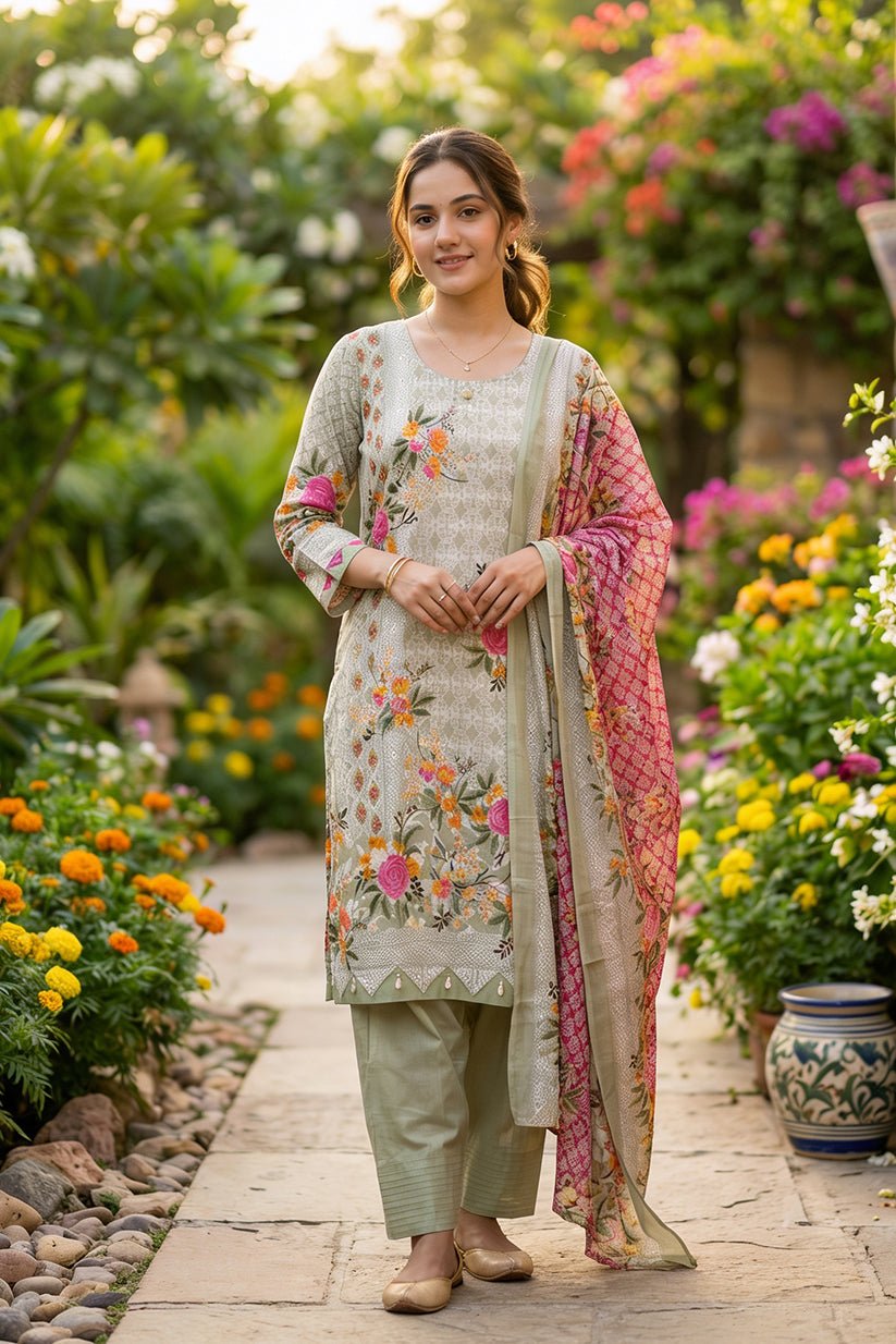 Pista Green Floral Printed Cotton Suit Set for Women - The House of Indu