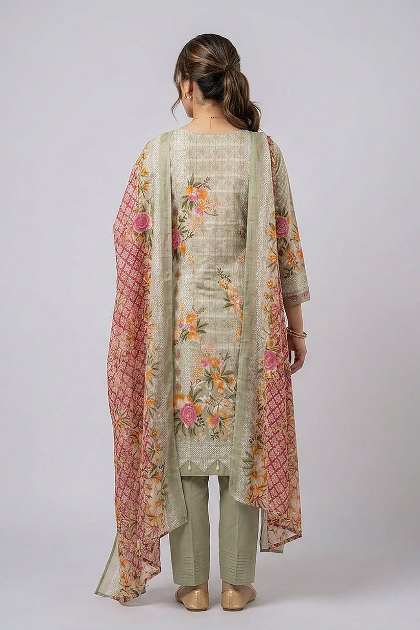 Pista Green Floral Printed Cotton Suit Set for Women - The House of Indu