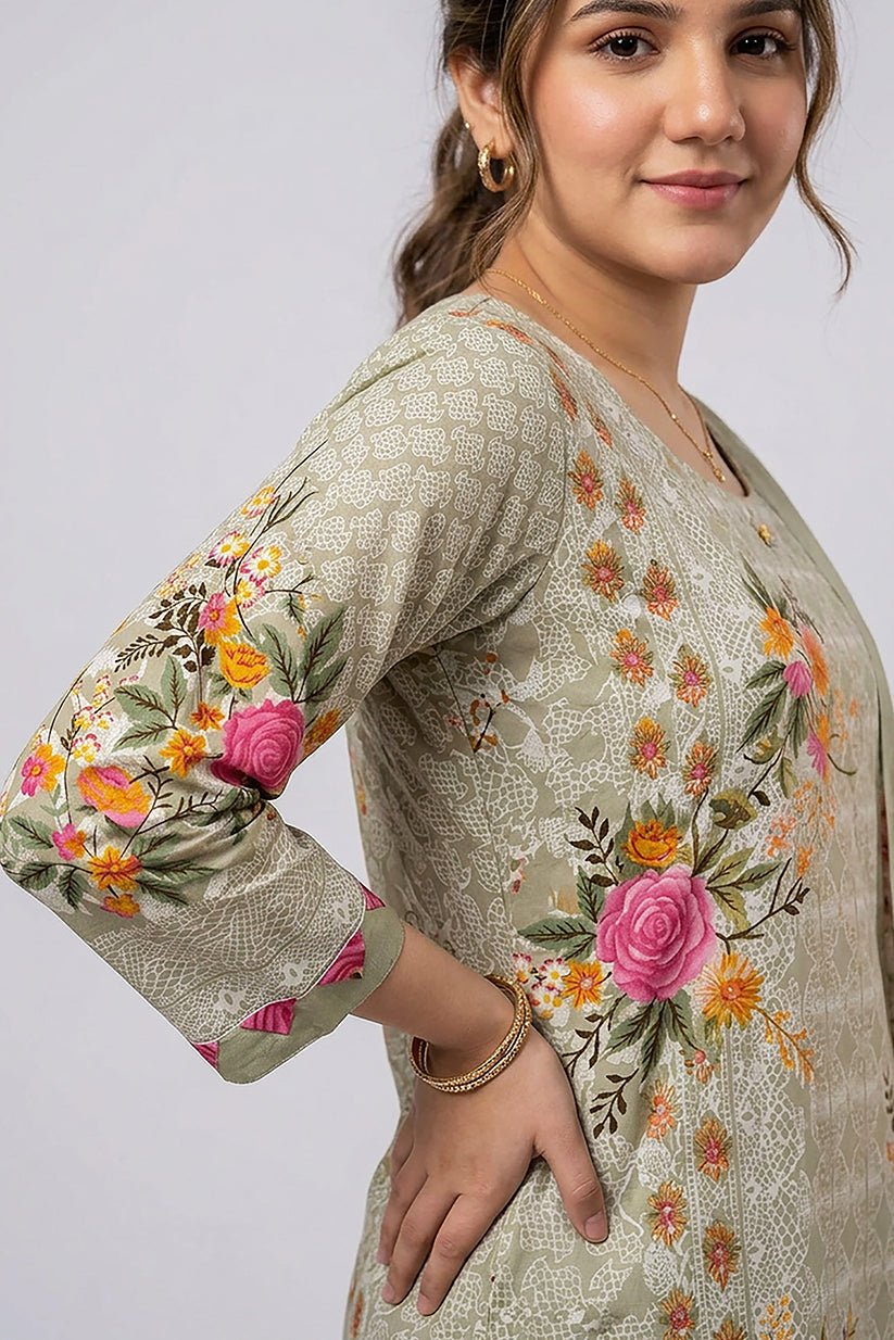 Pista Green Floral Printed Cotton Suit Set for Women - The House of Indu