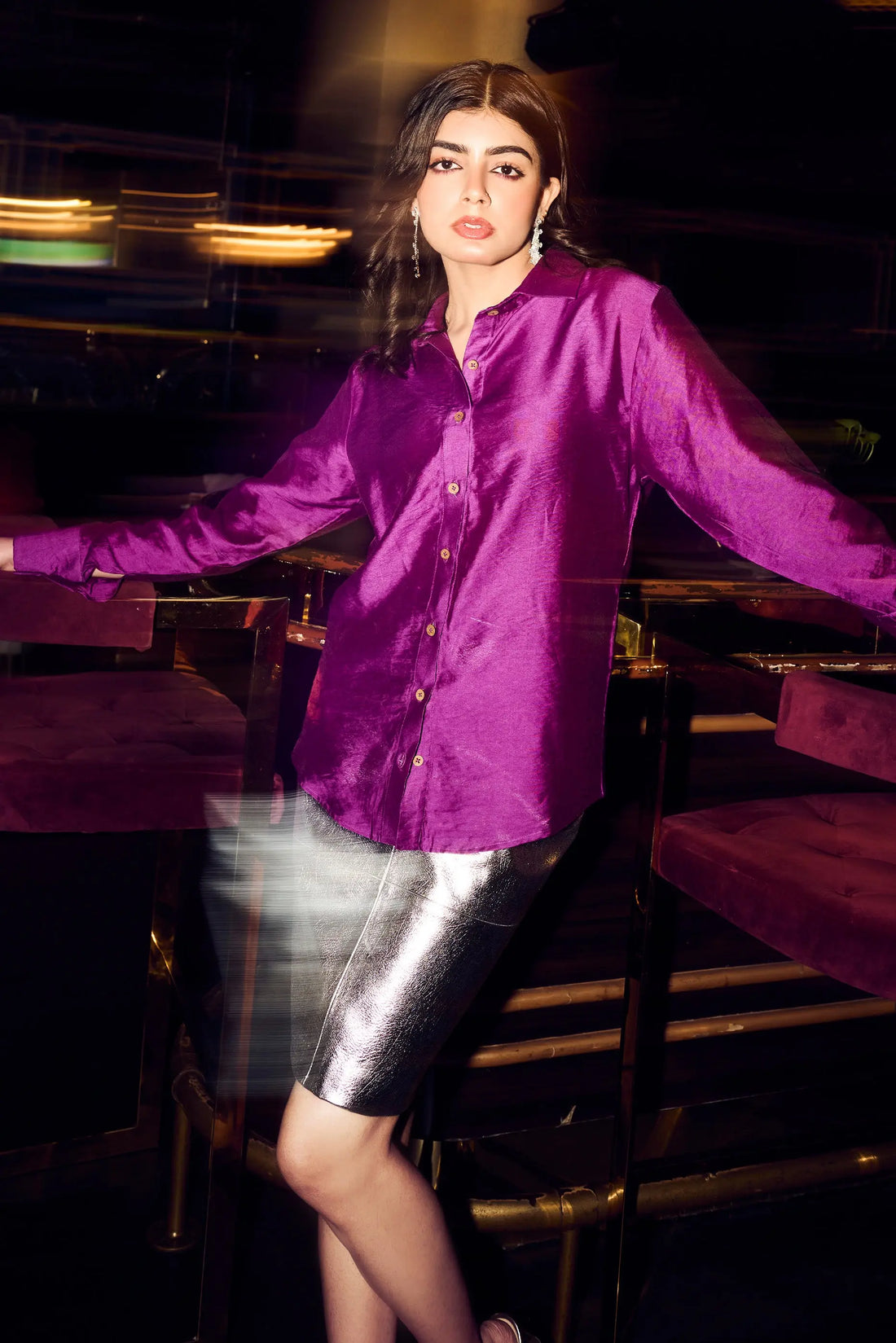 Purple Chanderi Regular Fit Shirt for Women Front View