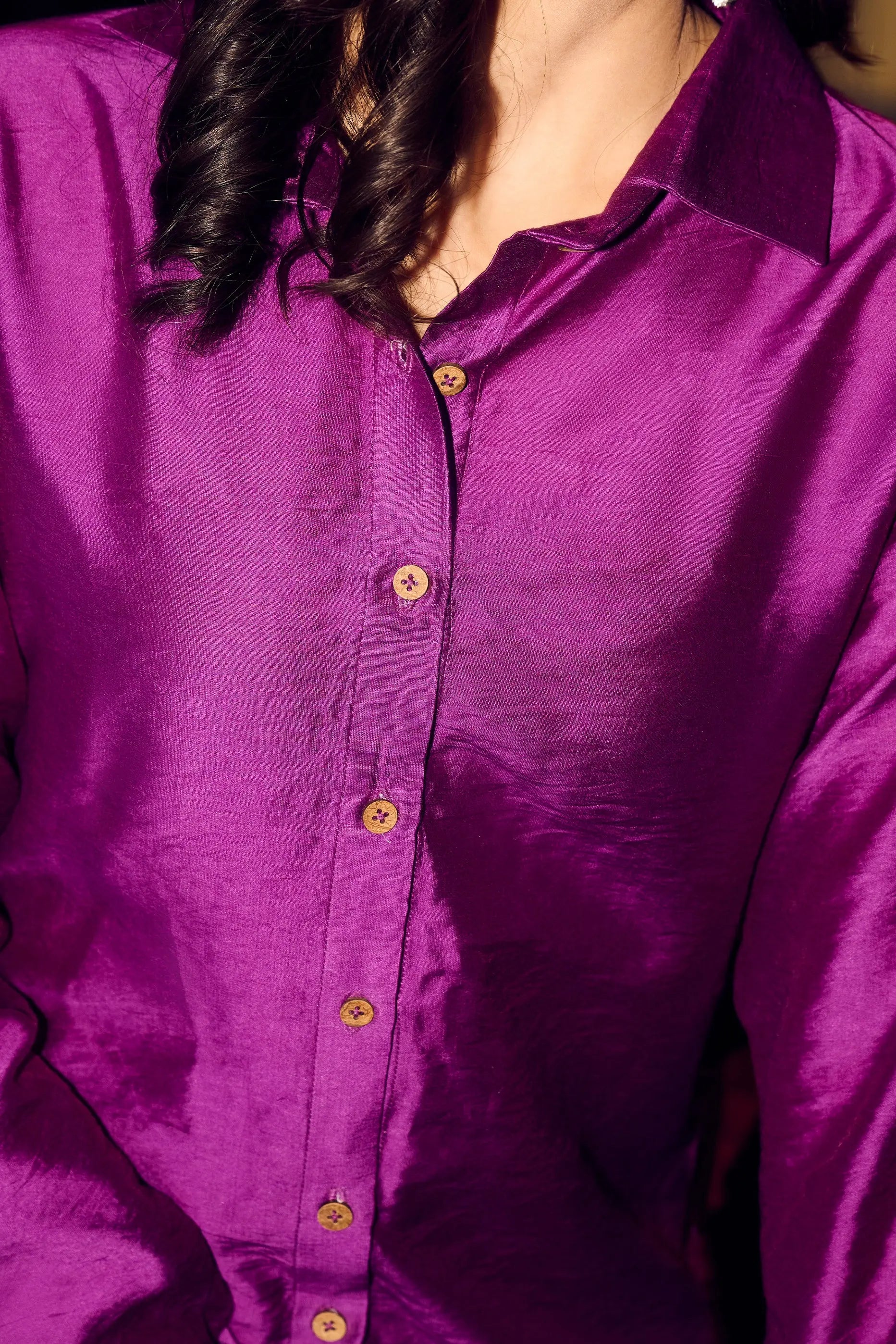 Purple Chanderi Shirt Front Button Detail