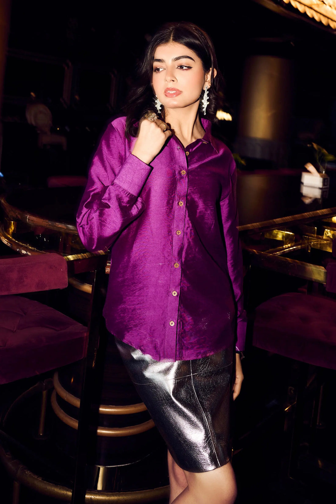 Purple Chanderi Regular Fit Shirt for Women Front View