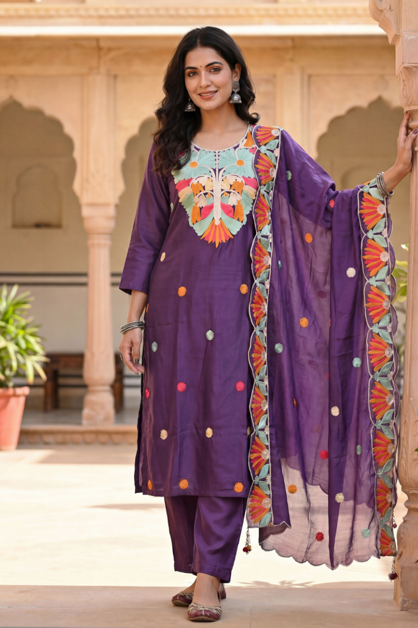 Woman wearing purple embroidered kurta set with statement dupatta for festive ethnic wear