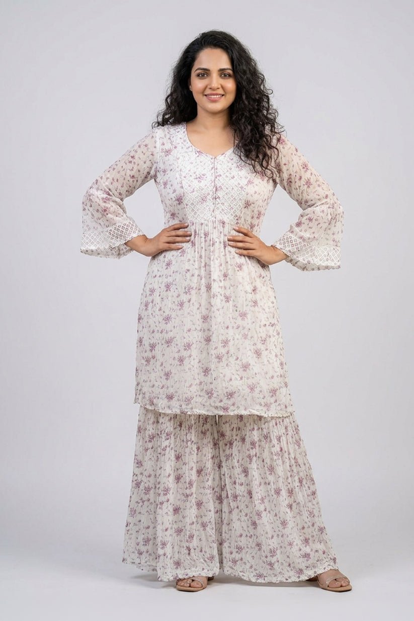 Purple Floral Chiffon Sharara Co-Ord Set for Women - The House of Indu