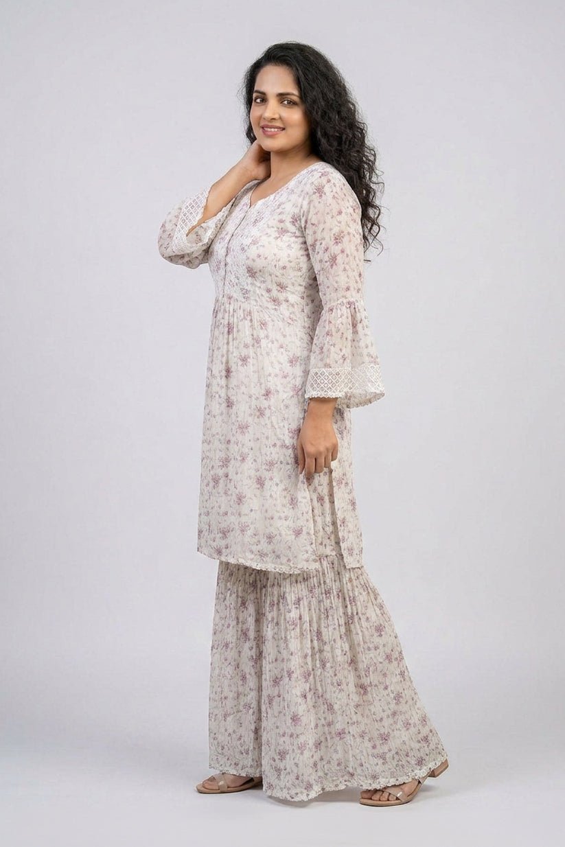 Purple Floral Chiffon Sharara Co-Ord Set for Women - The House of Indu