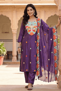 Purple Floral Embroidered Kurta Set with Dupatta for Women - The House of Indu