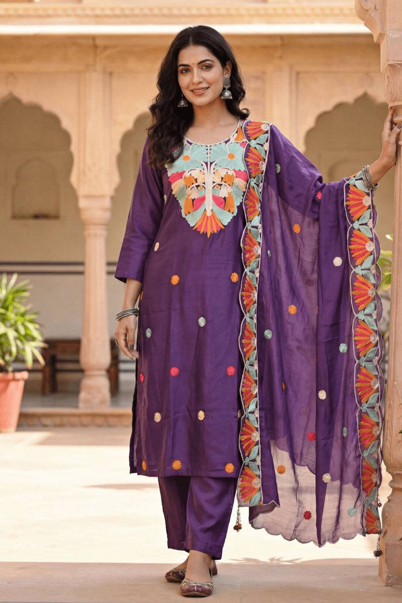 Purple Floral Embroidered Kurta Set with Dupatta for Women - The House of Indu