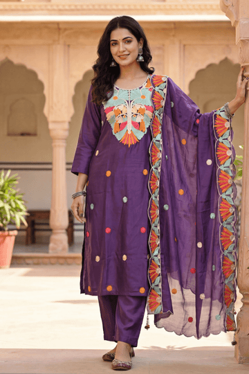 Purple Floral Embroidered Kurta Set with Dupatta for Women - The House of Indu