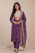 Purple Floral Embroidered Kurta Set with Dupatta for Women - The House of Indu