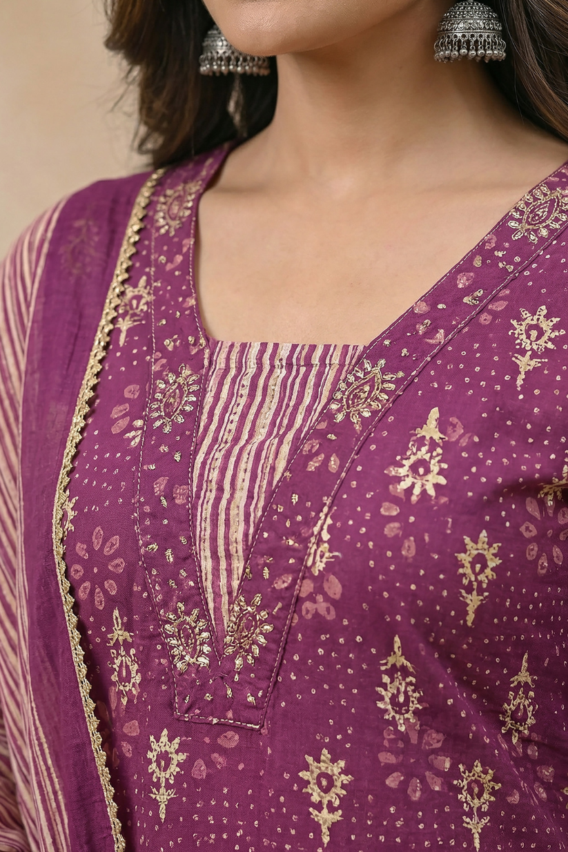 Woman wearing purple printed kurta pant set with dupatta for festive ethnic wear