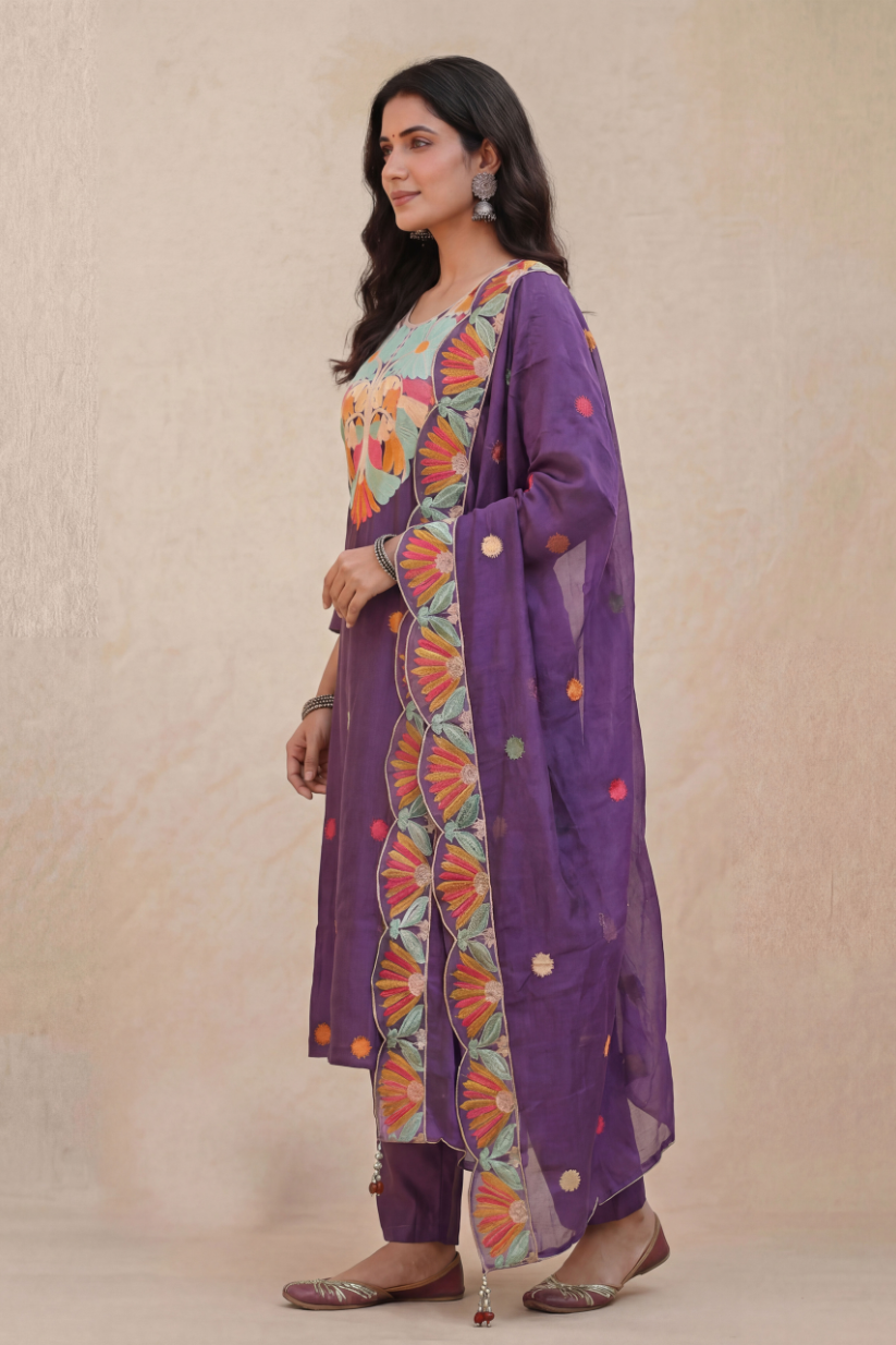 Side view of purple embroidered kurta set with statement dupatta and straight pants