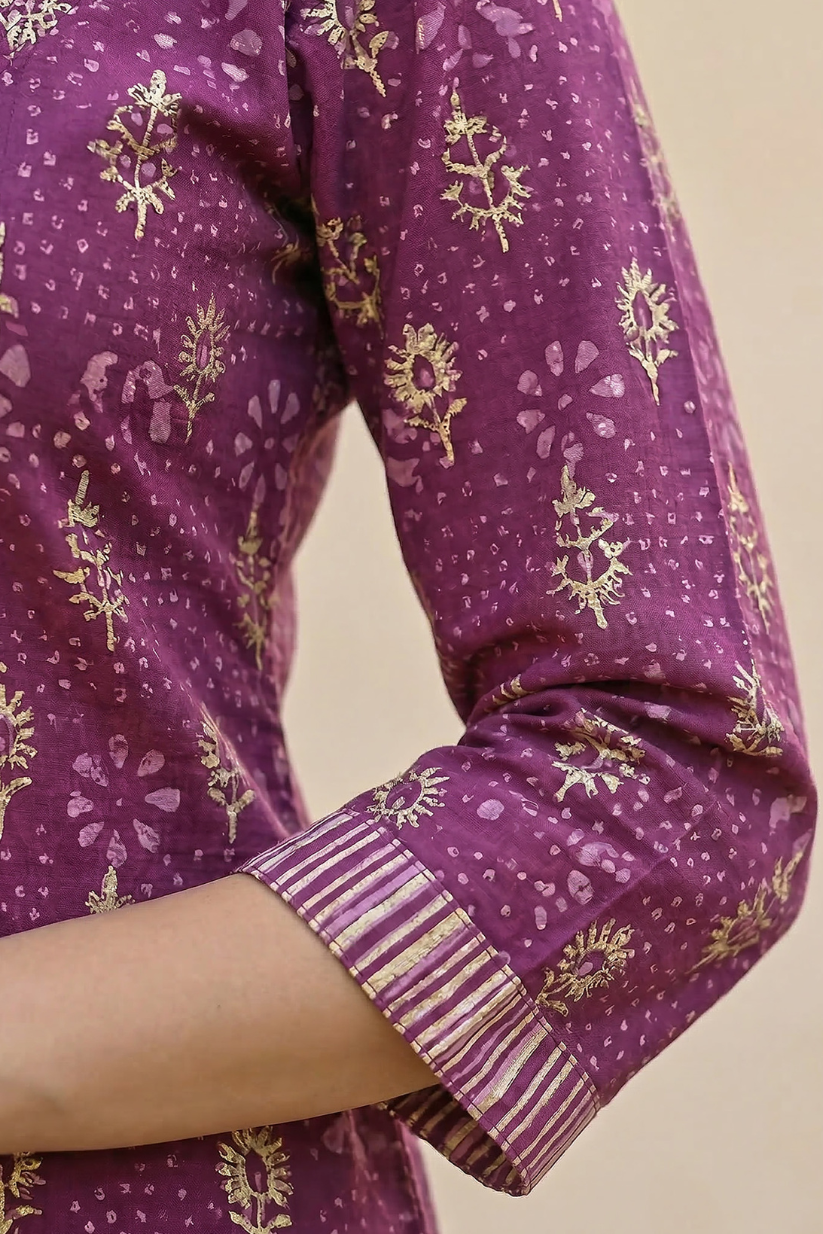 Close up of purple printed kurta sleeve with ethnic detailing for women