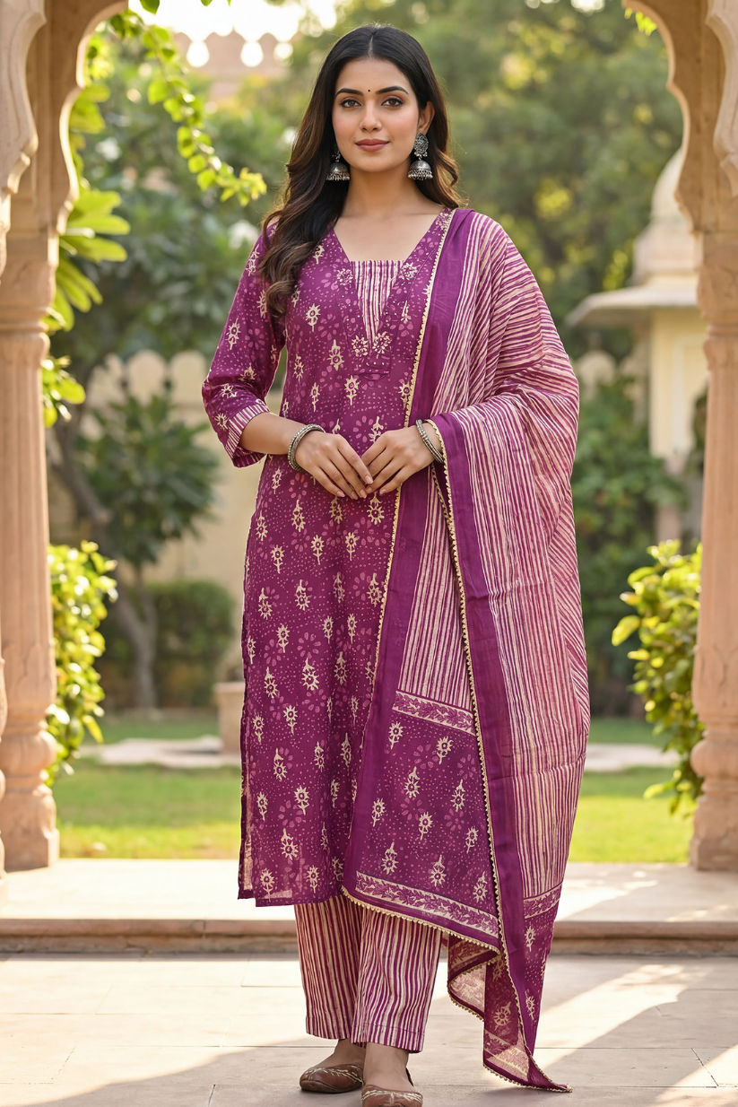Woman wearing purple printed kurta pant set with dupatta for festive ethnic wear