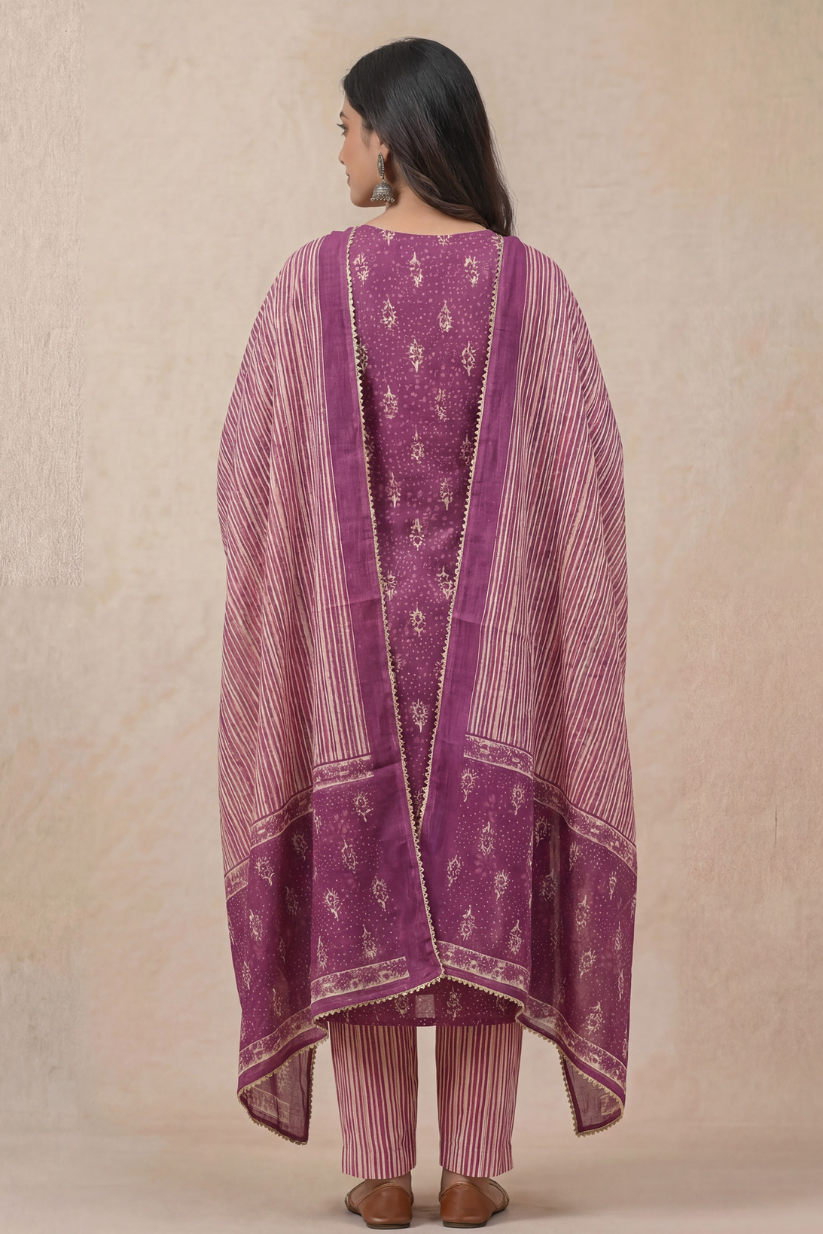 Back view of purple printed kurta pant set with dupatta for women ethnic wear