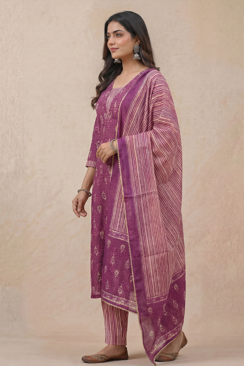 Side profile of purple printed kurta pant set with dupatta for women ethnic wear