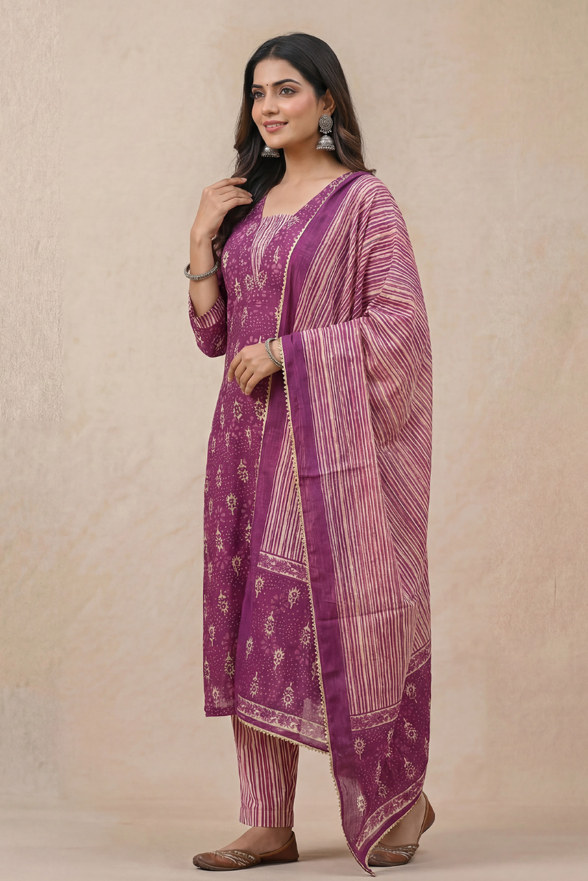 Woman wearing purple printed kurta pant set with dupatta in ethnic festive style