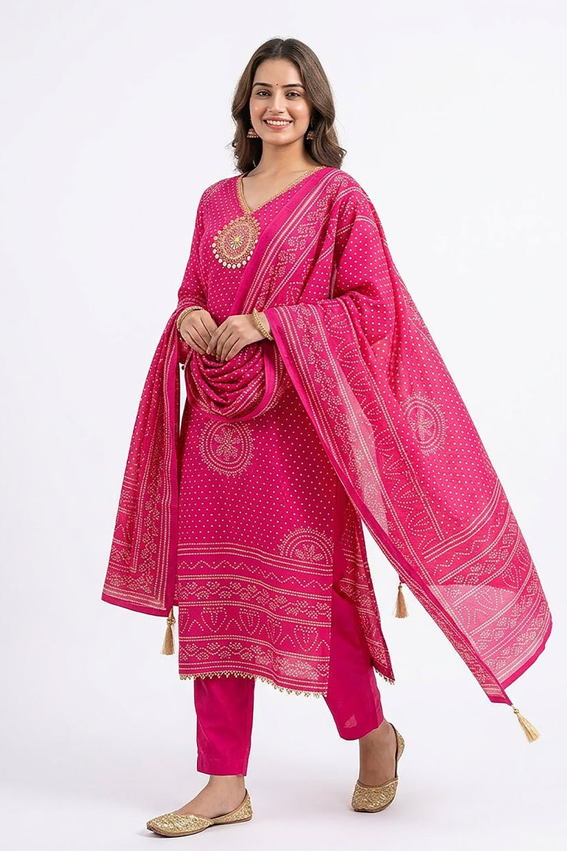 Rani Pink Bandhani Print Kurta Pant Dupatta Set for Women - The House of Indu