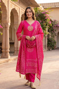 Rani Pink Bandhani Print Kurta Pant Dupatta Set for Women - The House of Indu