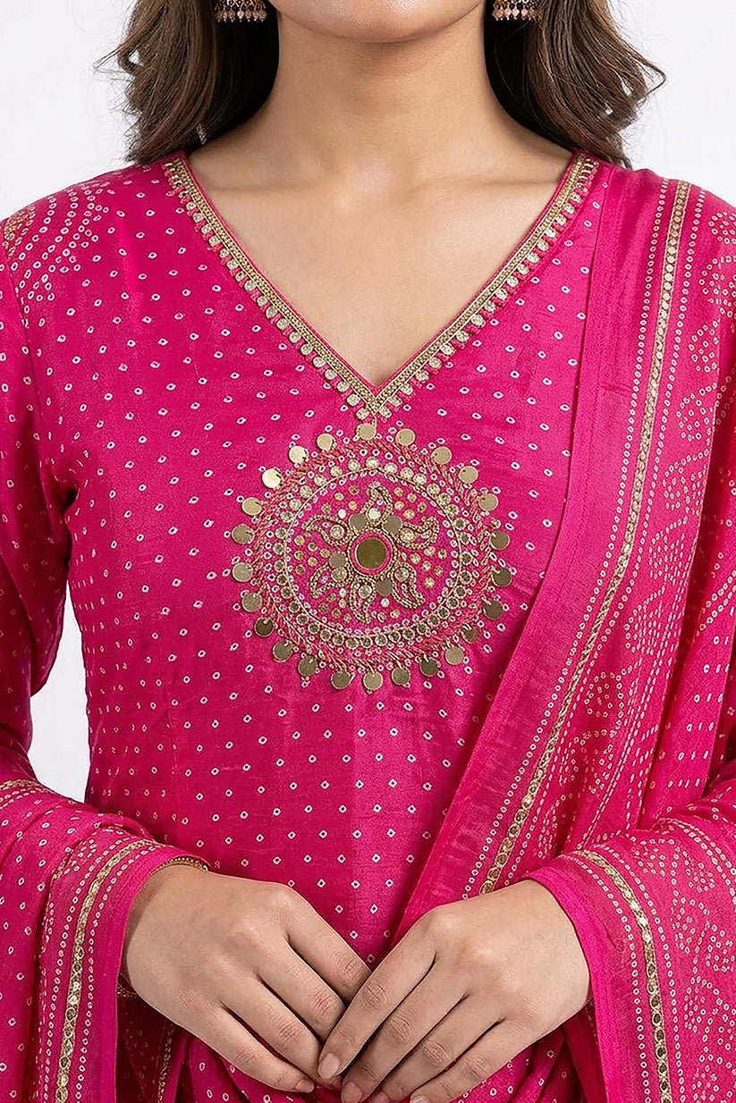 Rani Pink Bandhani Print Kurta Pant Dupatta Set for Women - The House of Indu