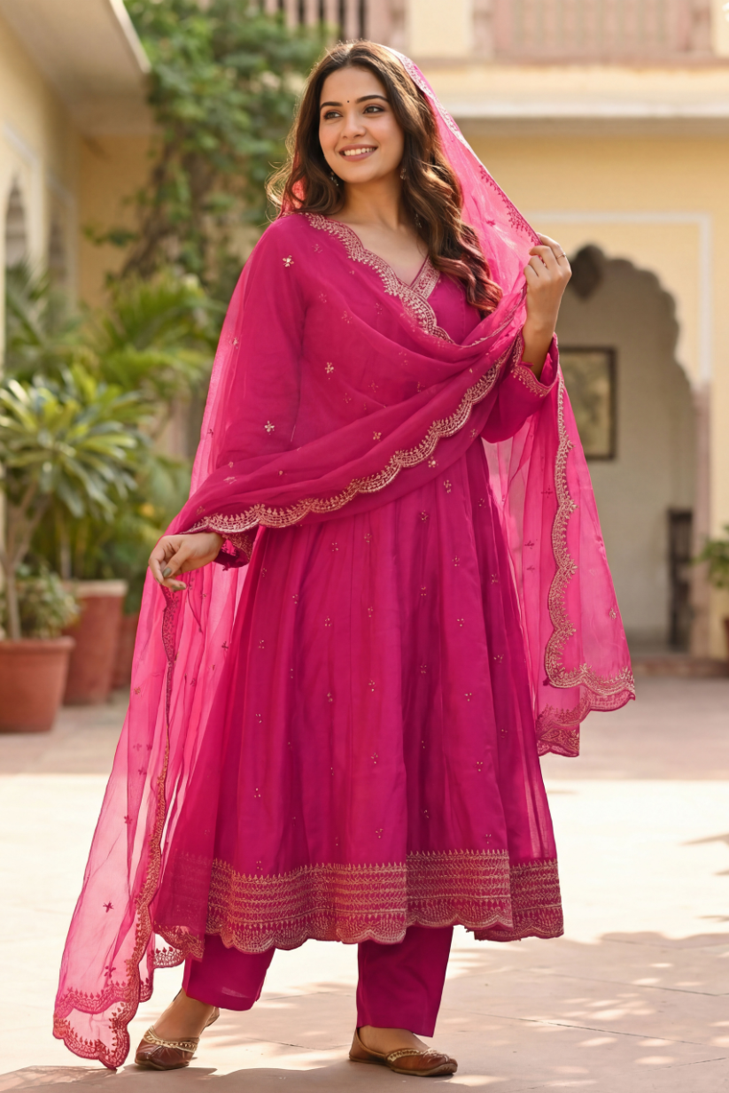 Woman wearing rani pink embroidered anarkali kurta set with scalloped dupatta