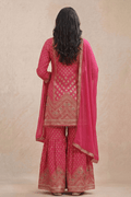 Rani Pink Embroidered Kurta Set with Sharara & Dupatta - The House of Indu