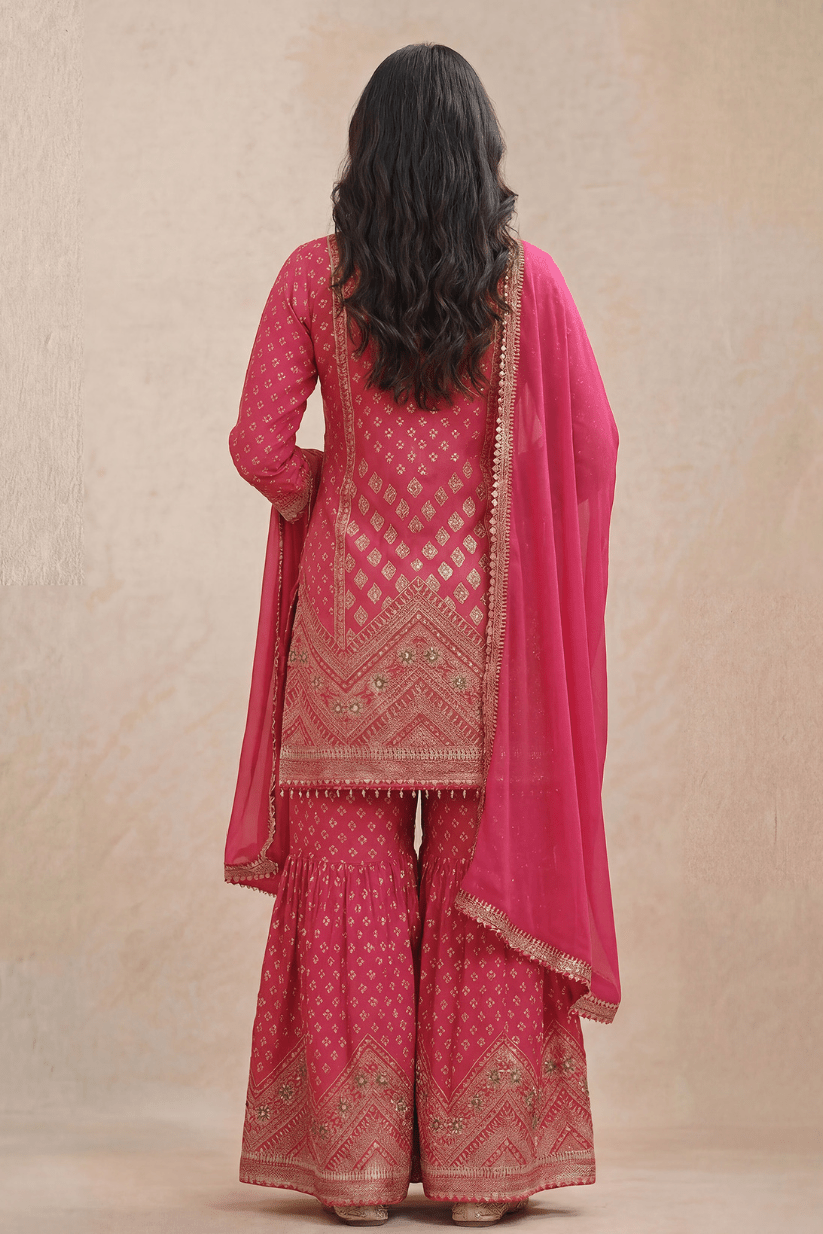 Rani Pink Embroidered Kurta Set with Sharara & Dupatta - The House of Indu
