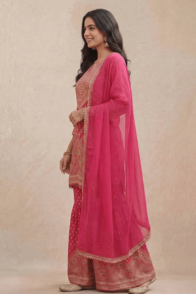 Rani Pink Embroidered Kurta Set with Sharara & Dupatta - The House of Indu