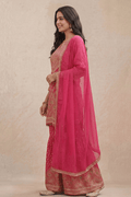 Rani Pink Embroidered Kurta Set with Sharara & Dupatta - The House of Indu