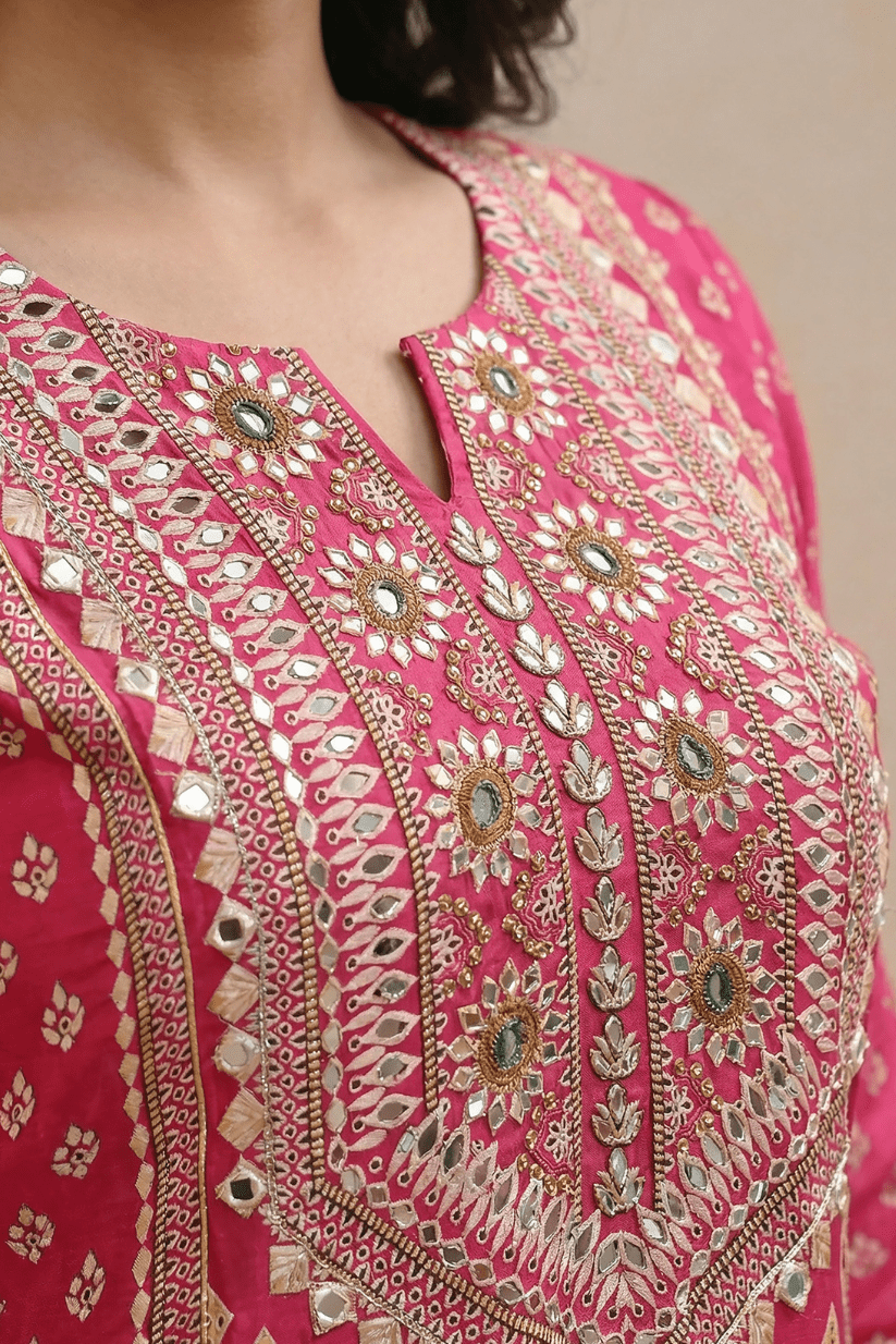 Rani Pink Embroidered Kurta Set with Sharara & Dupatta - The House of Indu