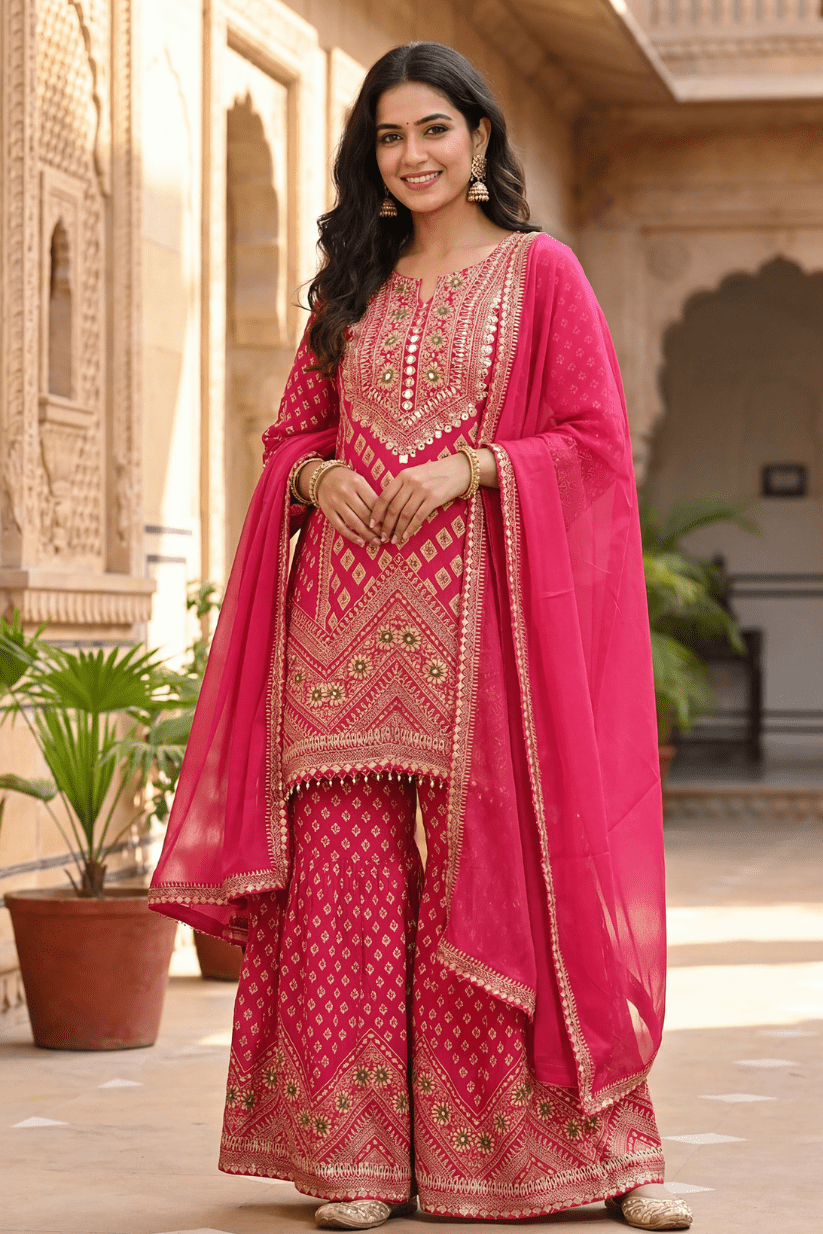 Rani Pink Embroidered Kurta Set with Sharara & Dupatta - The House of Indu