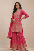 Rani Pink Embroidered Kurta Set with Sharara & Dupatta - The House of Indu