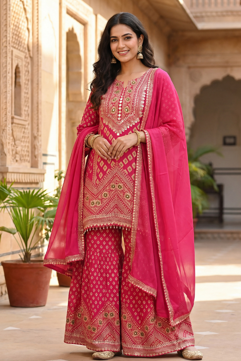 Woman wearing rani pink embroidered sharara kurta set with dupatta for festive ethnic wear