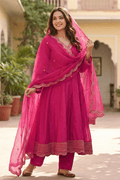 Rani Pink Indian Ethnic Wear Anarkali Set with Scalloped Dupatta - The House of Indu